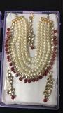 Big Kundan Jewellery w/ Red & White Pearls Necklace, Earrings, Tikka